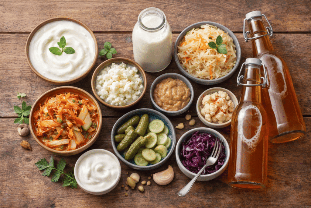 Fermented probiotic foods like kefir, yogurt, kimchi and sauerkraut