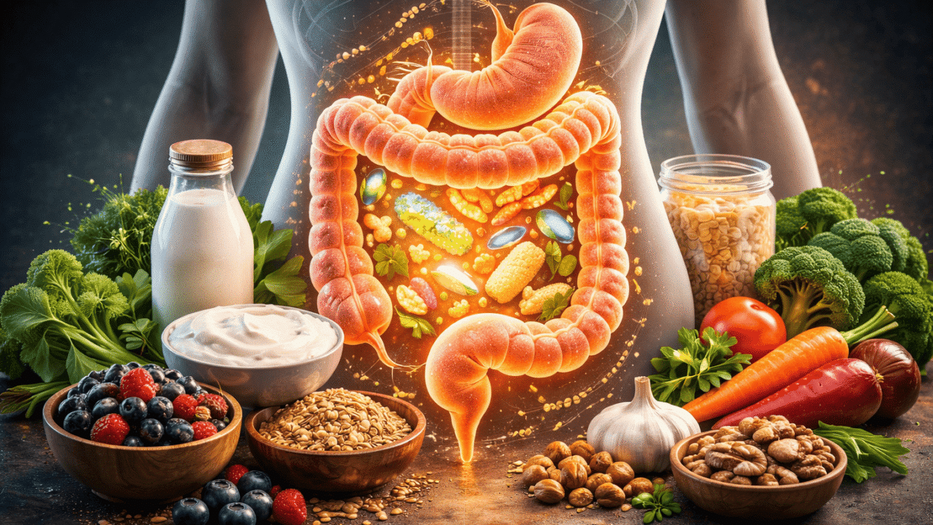 Gut microbiome supported by fermented foods, fiber-rich plants, yogurt, berries and nuts in a healthy digestive system illustration