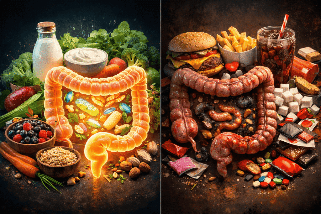 Healthy vs unhealthy gut showing whole foods on one side and ultra-processed foods damaging the microbiome on the other