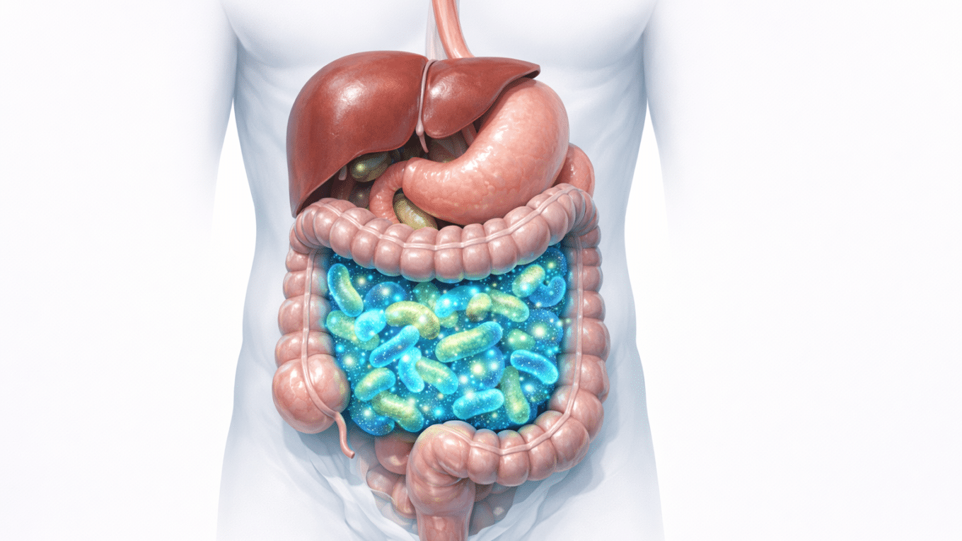 Illustration of the gut microbiome and digestive system showing how to improve gut health naturally