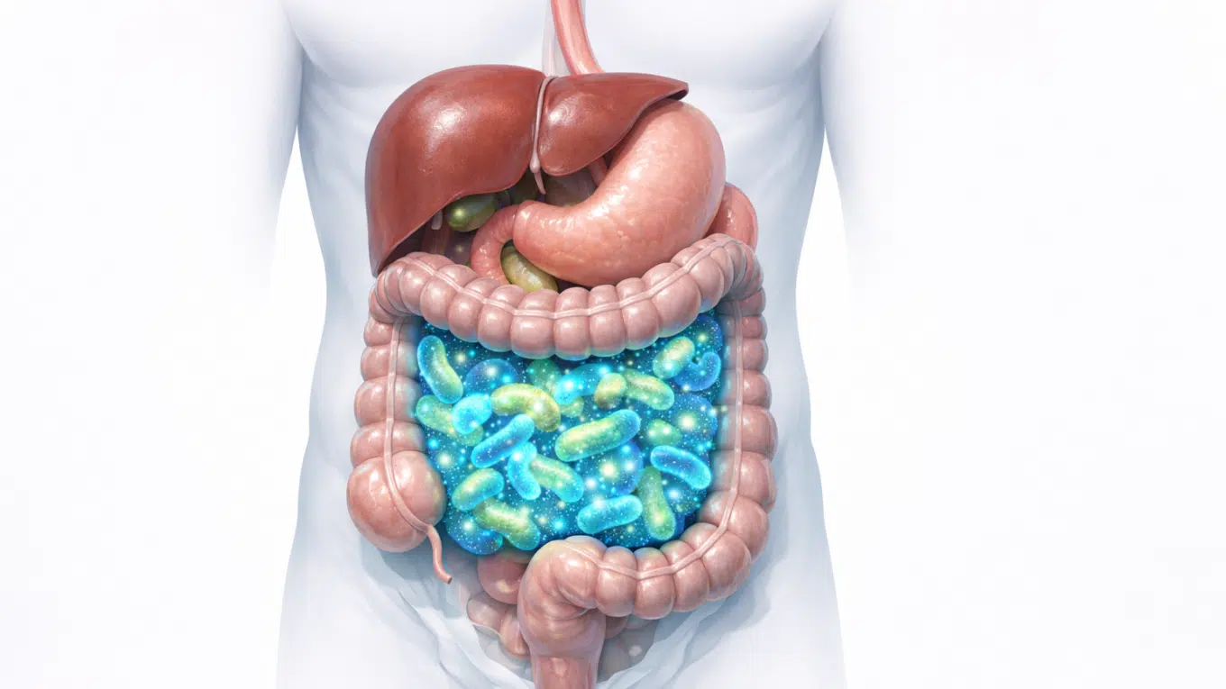 Illustration of the gut microbiome and digestive system showing how to improve gut health naturally