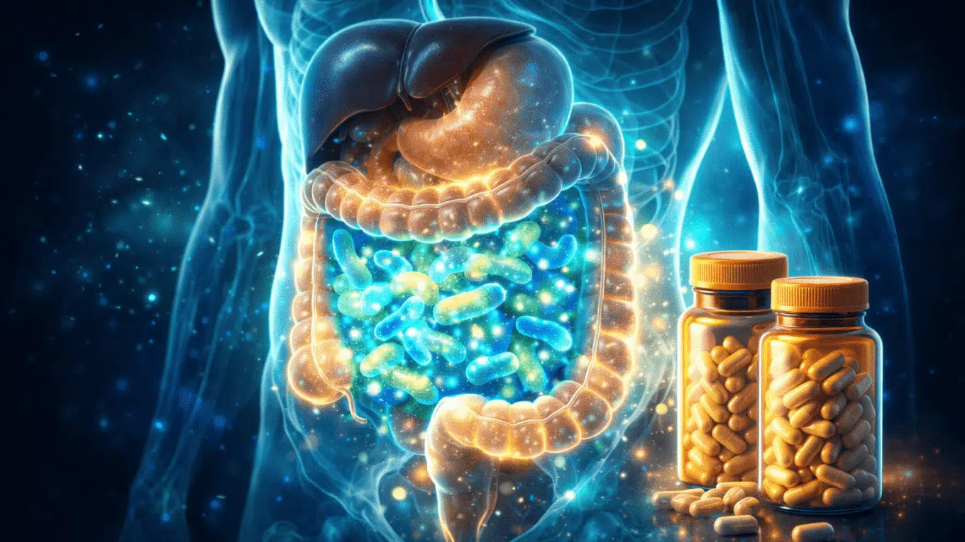 Human digestive system highlighted to show probiotics supporting gut health
