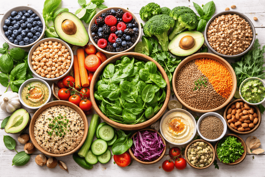Variety of plant-based foods that help improve gut health and microbiome diversity