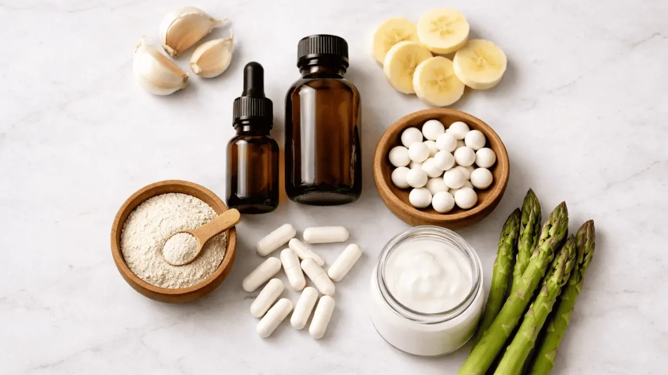 gut health supplements with probiotics prebiotics and natural foods on marble surface